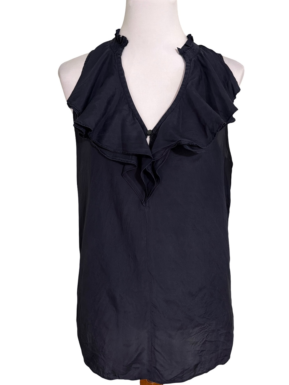 Banana Republic Navy Silk Ruffle V-Neck Sleeveless Blouse